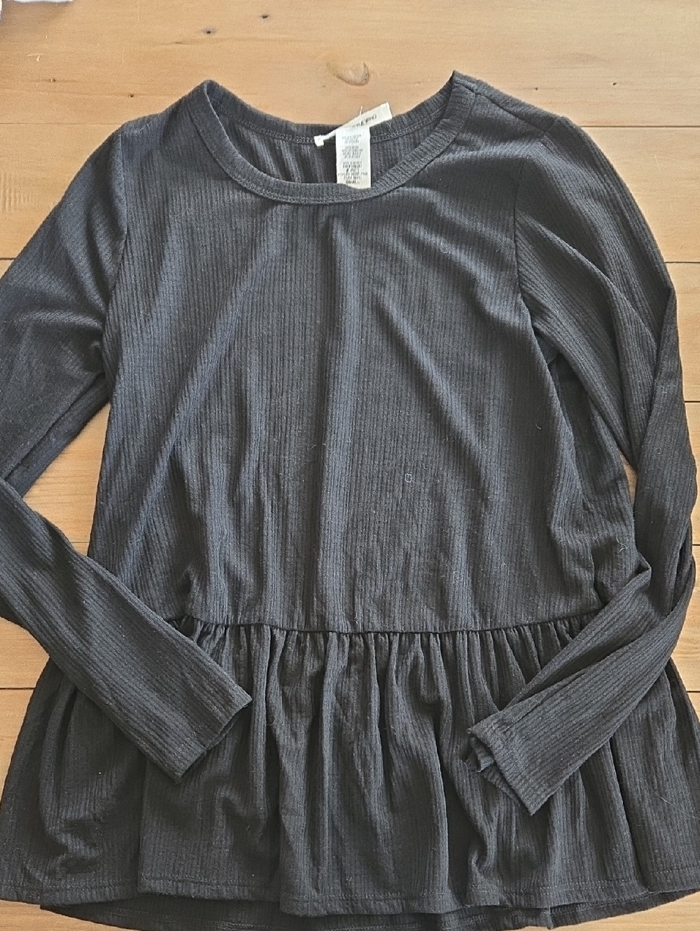 Ribbed Long Sleeve Peplum Top - Black